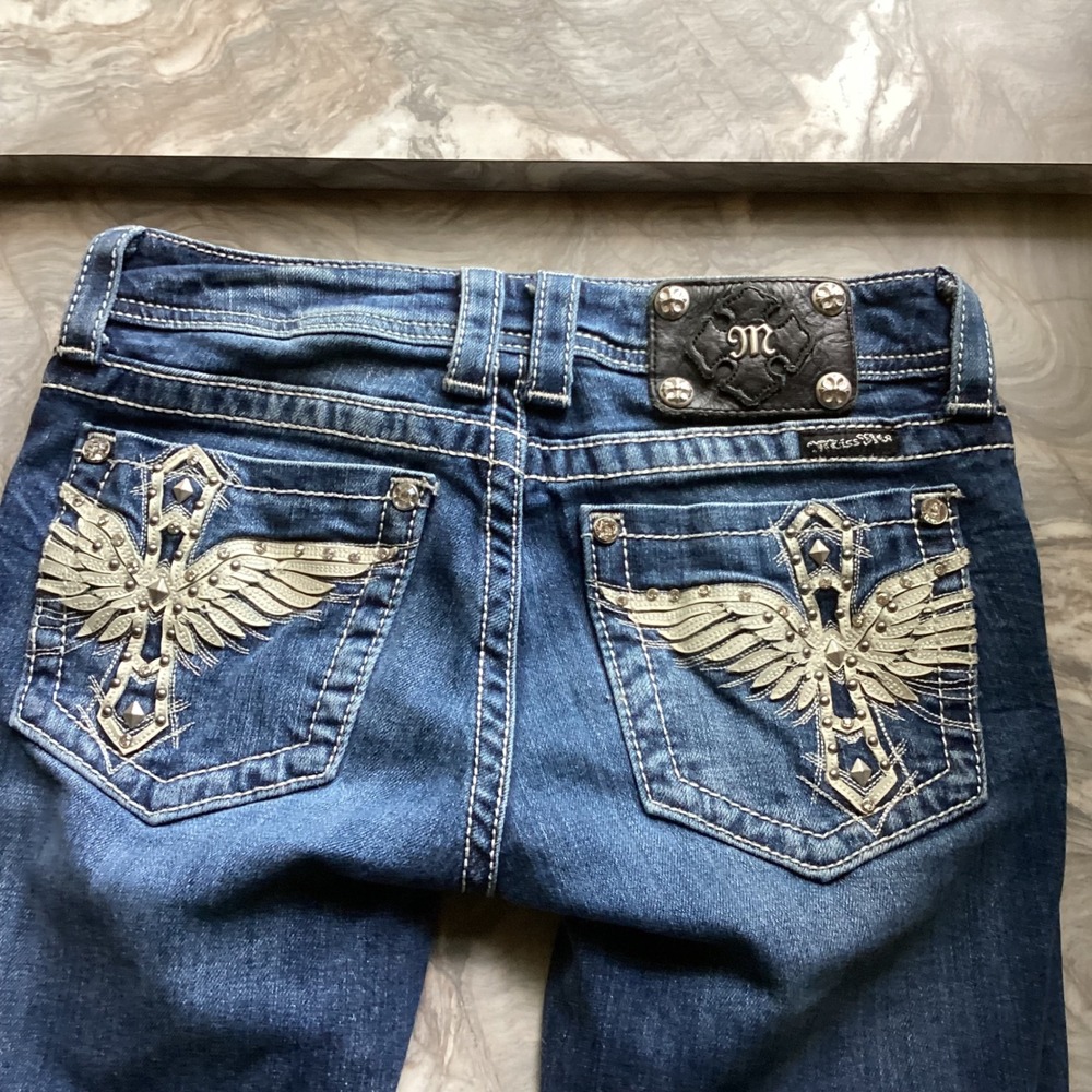 Miss Me Women Bootcut Jeans Dark Wash Wing Cross Embroidered Size 27